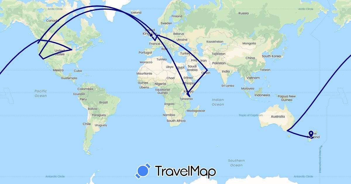 TravelMap itinerary: driving in Australia, Canada, Germany, France, United Kingdom, Kenya, Netherlands, New Zealand, Oman, United States (Africa, Asia, Europe, North America, Oceania)